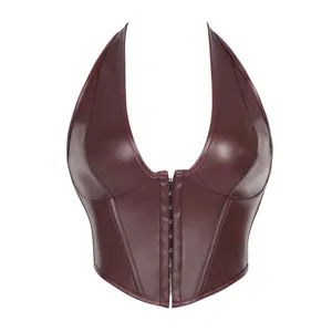 Faux leather halter corset top burgundy bustier vintage waist cincher front hook closure