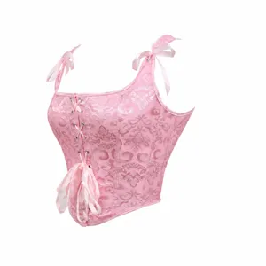 Rosa Jacquard Korsett Top mit dekorativen Schleifen Trägern und Schnürung für Damen.