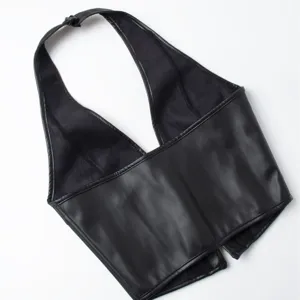 Black faux leather halter corset top women shaping bustier stylish sleeveless clothing