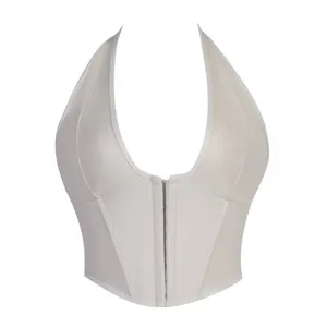 White faux leather halter corset top for women, stylish front hook bustier vest.