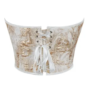 Elegant white gold jacquard lace-up corset top for women strapless bustier shaping wear