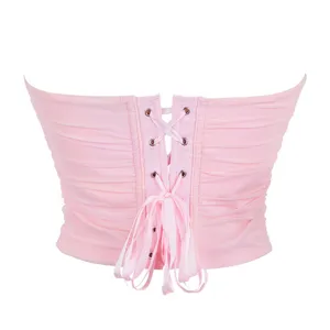 Pink lace up corset top for women, strapless bustier detail with back ribbon closure.