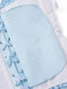 Hellblaue florale Brokatkorsett-Oberbekleidung mit Satinschnürung und Ösen.