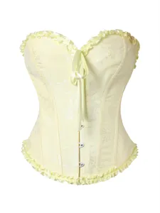 Elegantes gelbes Blumen Jacquard Korsett Oberteil mit Staebchen Bustier Shapewear.