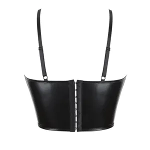 Corsetto bustier crop top in pelle sintetica nera con spalline regolabili e chiusura sul retro.