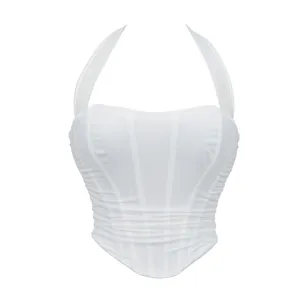 White mesh halter corset top for women, breathable strapless crop top for sexy party club wear.