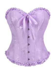 Lila Blumen Jacquard Korsett Top mit Front Schleife und Metallknöpfen, elegante Buestier.