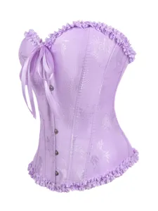 Lila Blumen Brokat Korsett Top für Damen mit Rüschenbesatz, Schleife und Vorderverschluss.