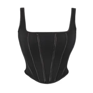 Black corset top for women, wide straps and boning design, slim fit bustier main view.