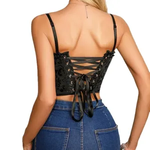Μαύρο γυναικείο κορσέ τοπ, στράπλες bustier crop top με βολάν και κορδόνια πλάτης.