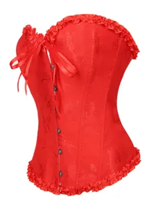 Rotes Blumen Jacquard Korsett Oberteil, vintage Corsage Taillenformer mit Rüschen.
