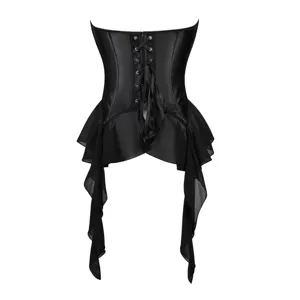 Schwarzes Gothic Kunstleder Korsett Oberteil mit transparentem Rüschenschwanz für Damen