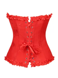 Attraktives rotes Jacquard-Korsett-Top mit feinen Rüschen und praktischer Schnürung.