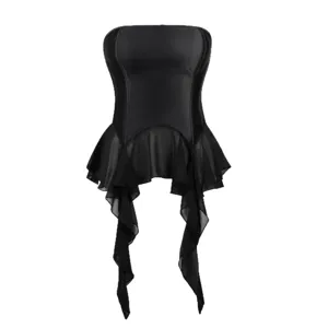 Schwarze Rüschen Trägerlose Korsett Top Sexy Damen Figurformend Bustier Oberteil Neu