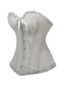 Graues Blumen-Jacquard-Korsett-Oberteil mit Schleifenverschluss und Rüschensaum.