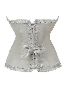 Silbergraues Blumen Jacquard Korsett Bustier mit Schnürung und Rüschen, eleganter Taillengürtel.