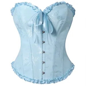 Hellblaue Damen Korsett BUSTIER Oberteil mit Schleife und Blumen Muster für stilvolle Mode-Outfits.