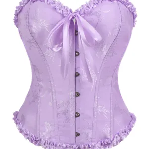 Damen lila Satin Korsett Oberteil florale Brokat Schnürung Stahlknochen Taillenformer.