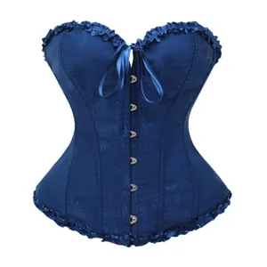 Blaues Satin Korsett Bustier Top für Damen, elegantes Taillenformer Oberteil mit Rüschen.