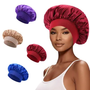 Women Satin Sleep Cap Wide Band Elastic Night Hair Care Bonnet Solid Color Silk Sleep Hat For Hair Styling