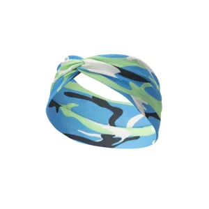 Camouflage printed twisted headband detail, breathable athletic hair band for yoga workouts.