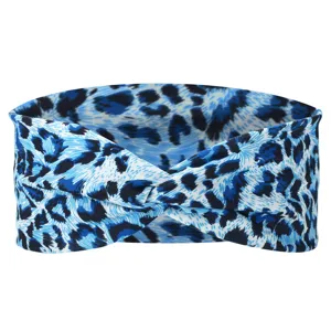 Detailed close-up view of blue leopard print knotted headband for yoga and casual daily wear.