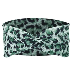 Green leopard print twist headband for women, stylish yoga sports hair accessory detail.