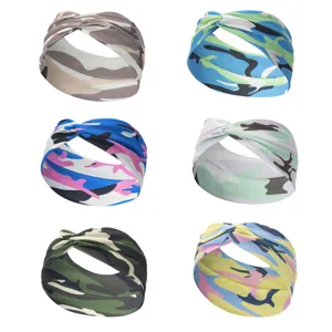 Womens Sports Yoga Headband Polyester Printed Cross Knot Elastic Sweatband Fitness Workout Hair Accessories