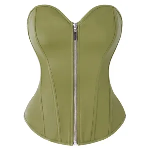 Olive green faux leather corset top for women, sexy front zip bustier waist shaper