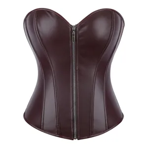 Women's faux leather front zip corsets bustier shaping top gothic punk waist cincher.