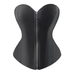 Black faux leather overbust corset top for women, front zipper shapewear and punk style apparel.