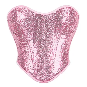 Top Corsetto Bustier Senza Spalline con Paillettes Sexy da Donna Scollo a Cuore Schiena Scoperta Allacciato