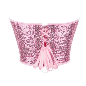 Top corsetto di paillettes rosa da donna bustier senza spalline modellante vista principale