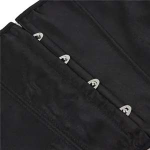 Black corset shaping top with metal busk hook detail close up view for daily fashion