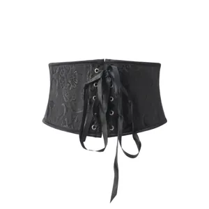 Black floral jacquard corset waist cincher detail showing front lace-up ribbon and metal eyelets.