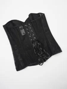 Black lace corset top featuring jacquard contrast panels and front satin ribbon lacing.
