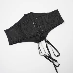 Black jacquard corset belt detail view, stylish front lace-up, elegant textured design.