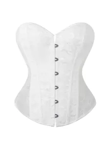 Close-up detail of white jacquard lace corset top, featuring structured fishbone and metal busk.