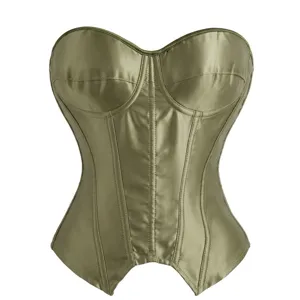 Green satin corset top for women, strapless bustier with boning for body shaping and fashion.