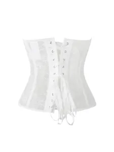 White lace corset top detail, sheer floral pattern fabric, stylish back ribbon lacing design.