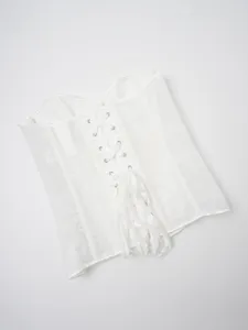 White lace corset top with front lace-up design, elegant bustier and shaping waist cincher.