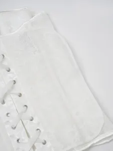 White lace jacquard corset detail, sheer mesh splicing with metal eyelets and ribbon lace up.