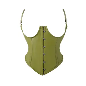 Women Green PU Leather Corset Waist Cincher Top with Straps and Front Busk Closure Main