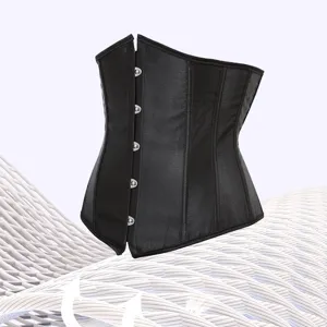 Black satin corset waist cincher for women, sexy court style shapewear top for tummy control.