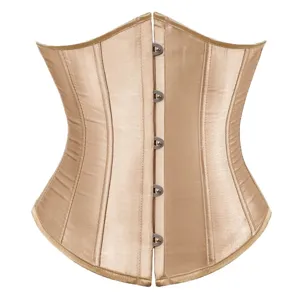 Classic satin overbust corset in champagne gold with front busk closure for shaping.