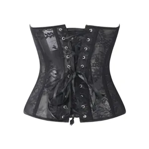 Black lace corset top with metal eyelets and satin ribbon lacing for elegant style.