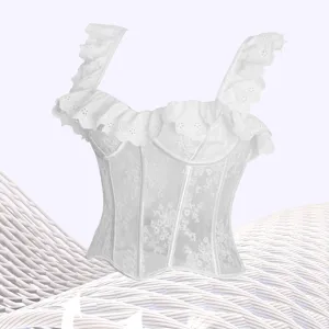 White lace corset bustier top with ruffle straps and breathable mesh boning design main view