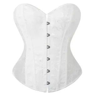 White jacquard lace overbust corset top with front busk closure for women fashion wear.
