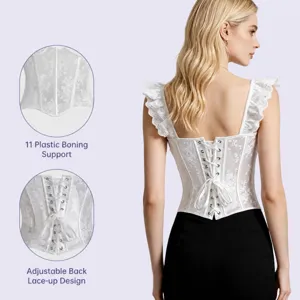 Women white lace mesh corset bustier sexy ruffles strap boned body shaper top wear
