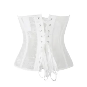 White lace corset top, boned bustier waist cincher with ribbon lacing for women.